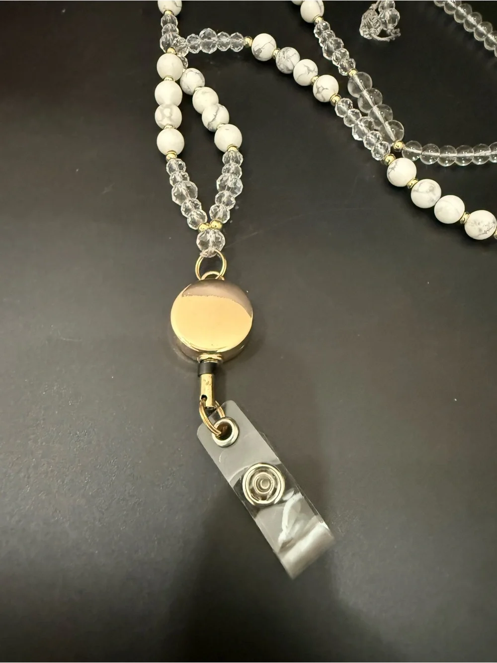 Handmade Natural Stones And Crystals Beaded Lanyard w/ Retractable Badge Reel